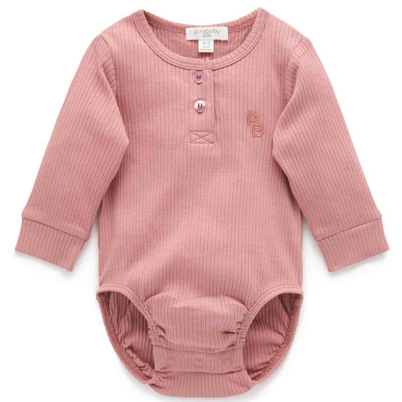 Rib LS Henley Bodysuit - Crab Apple