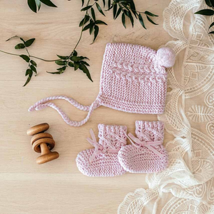 Pink Merino Wool Bonnet & Botties