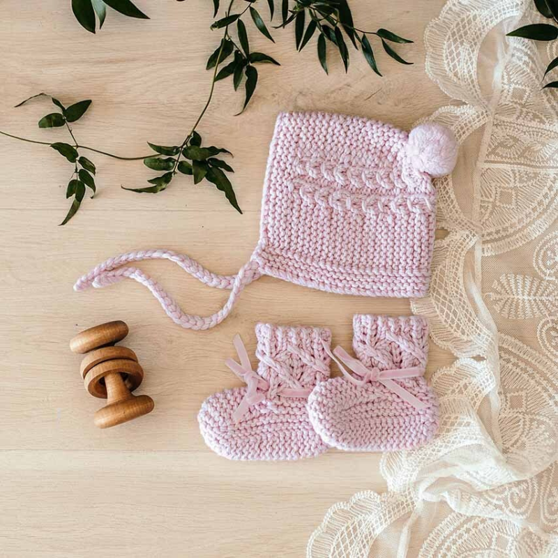 Pink Merino Wool Bonnet & Botties